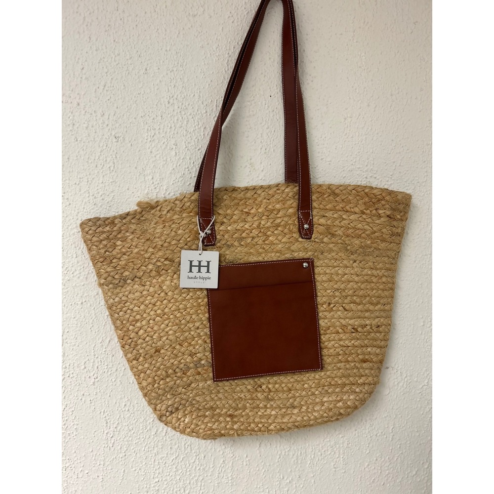 Haute Hippie Style Straw Tote Bag Woven Beach Pouch Tan Brown New